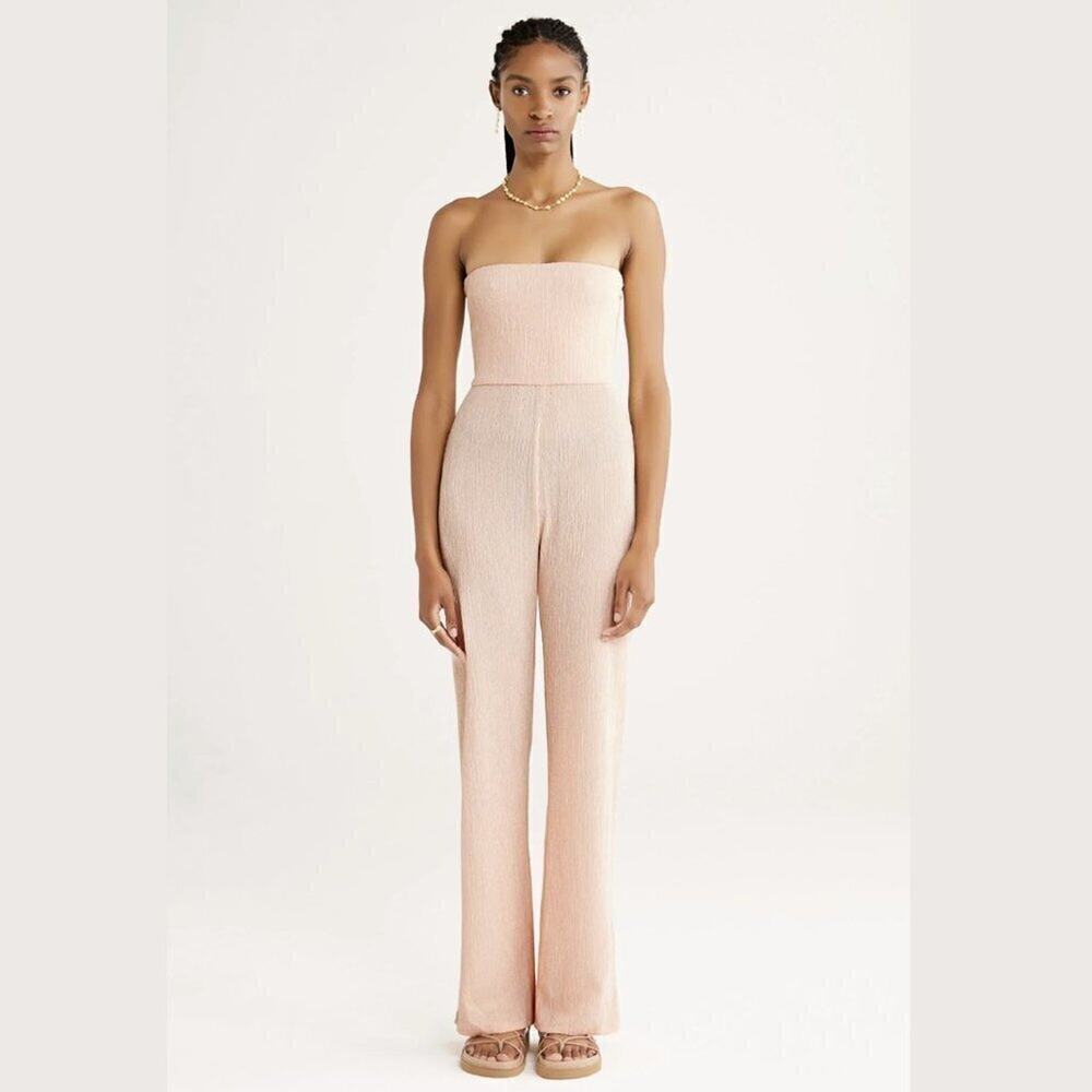 New Rumer Amara Strapless Crinkle Knit Wide Leg Jumpsuit in Pink Size XS